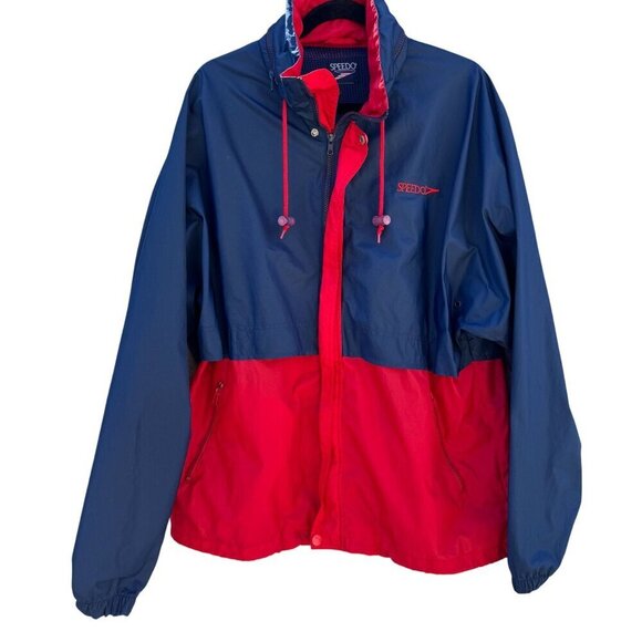 Speedo Vintage Red Navy Hooded Windbreaker Zip Water Resistant Light Jacket XL - Picture 1 of 11